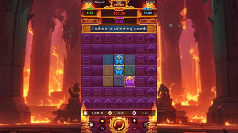 Treasures of Hades 2 – huvudspelskärmen för sloten med 3×3 hjul och 20 betways från Rectangle Games